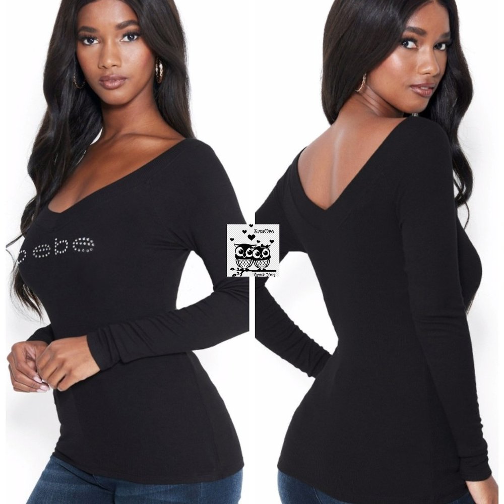 SWAROVSKI LOGO LONG SLEEVE DOUBLE V TEE
